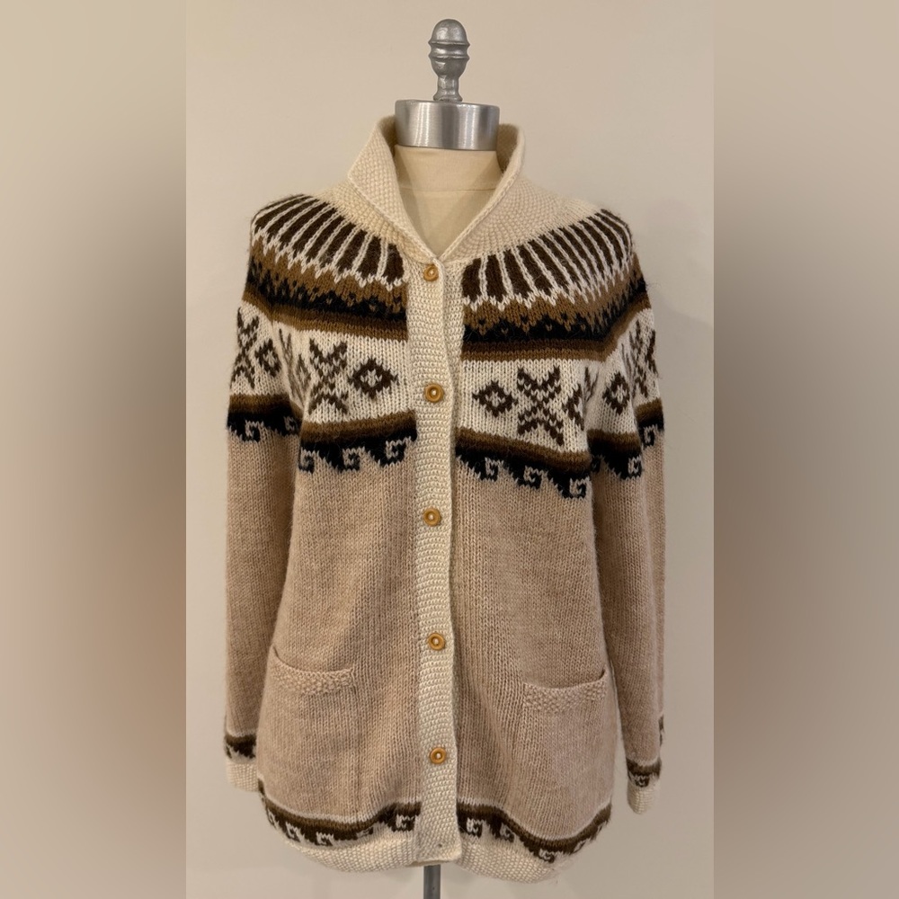 Peruvian Alpaca Connection Ivory Brown Fair Isle Cardigan Sz Medium